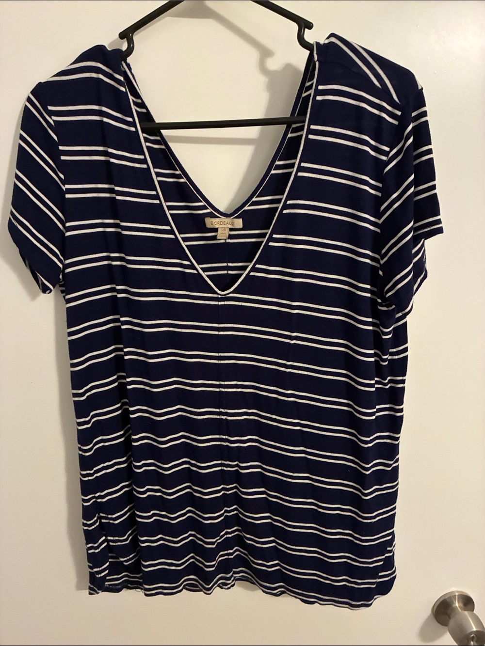 Bordeaux Navy and White Striped V-Neck Short Sleeve Tee